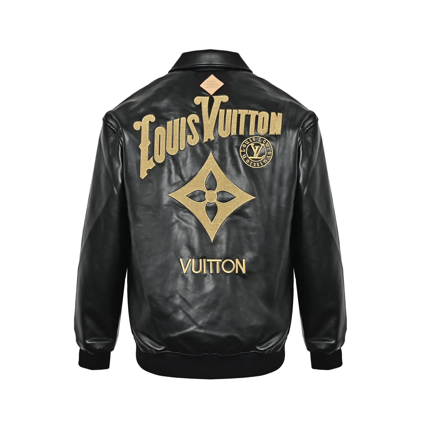 Louis Vuitton/Louis Vuitton black gold embroidered logo lapel leather jacket